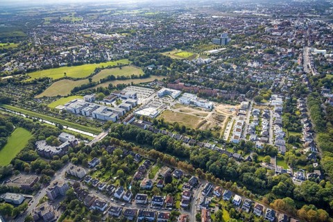 Aerial view, Hamm-Lippstadt University of Applied Sciences and the construction site at SCI:Q