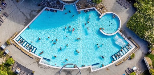 Aerial view, Maximare Erlebnistherme Bad Hamm and bathers in the swimming pool in the Mitte