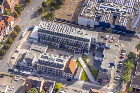 Aerial view, Radio Lippewelle Hamm and construction site with new building on Widumstraße for new