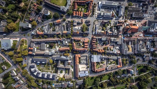 Aerial view, residential area Nordenwall and Oststraße with catholic parish church St. Agnes and