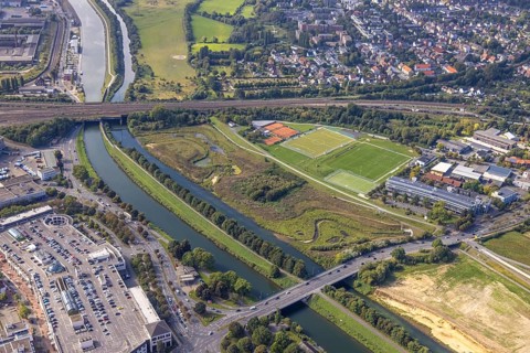 Aerial view, construction site for project Erlebensraum Lippeaue am Fluss Lippe und
