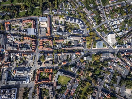 Aerial view, residential area Nordenwall and Oststraße with catholic parish church St. Agnes and