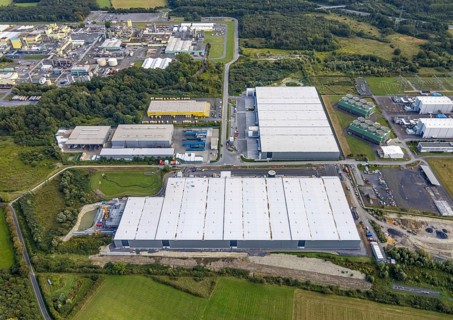 Aerial view, construction site Distribution Park between Trianelstraße and Trianel power plant in