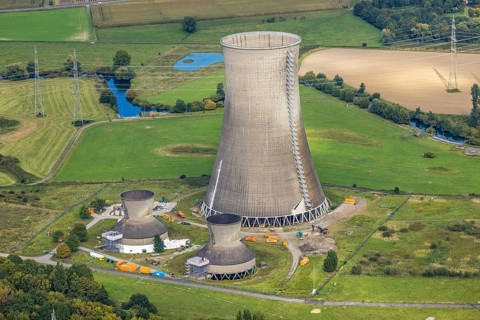 Aerial view, RWE power plant Westfalen and demolition of the small cooling towers in the district