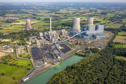 Aerial view, RWE power plant Westfalen and cooling towers in the district Uentrop in Hamm, Ruhr