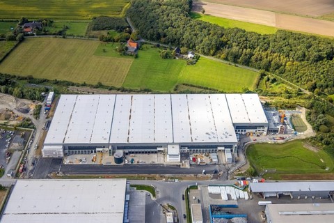 Aerial view, construction site Distribution Park between Trianelstraße and Trianel power plant in