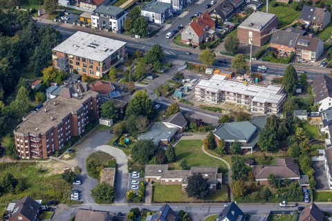Aerial view, construction site and new construction of senior citizens' flats Alter Uentroper Weg