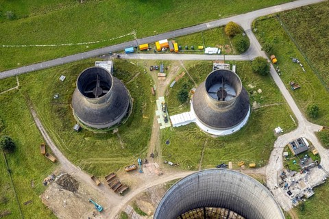 Aerial view, RWE power plant Westfalen and demolition of the small cooling towers in the district