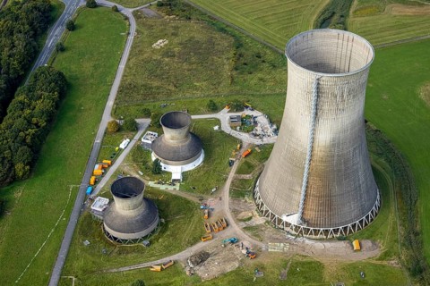 Aerial view, RWE power plant Westfalen and demolition of the small cooling towers in the district