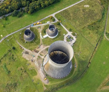 Aerial view, RWE power plant Westfalen and demolition of the small cooling towers in the district