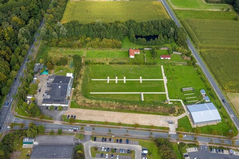 Aerial view, von-Thünen-Halle with archery facility in the district of Rhynern in Hamm, Ruhr area,