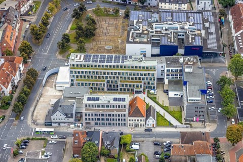 Aerial view, Radio Lippewelle Hamm and construction site with new building on Widumstraße for new