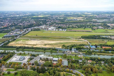 Aerial view, Hamm airfield and construction site for the Lippe floodplain project on the river