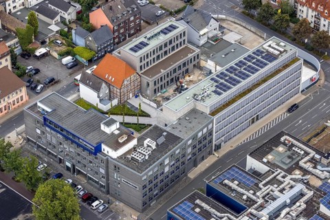 Aerial view, Radio Lippewelle Hamm and construction site with new building on Widumstraße for new