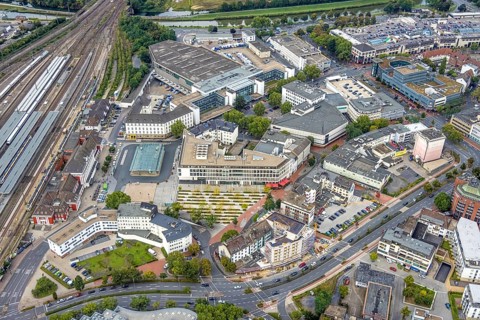 Aerial view, city centre view City with Platz der Deutschen Einheit in the district Mitte in Hamm,