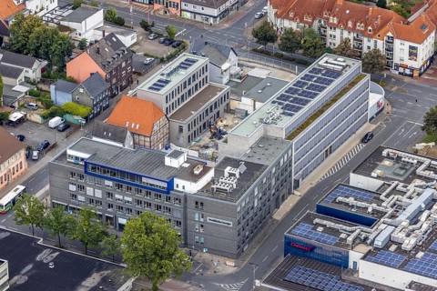 Aerial view, Radio Lippewelle Hamm and construction site with new building on Widumstraße for new