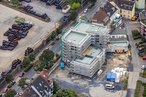 Aerial view, construction site with new building on Wilhelmstraße in the Mitte district of Hamm,