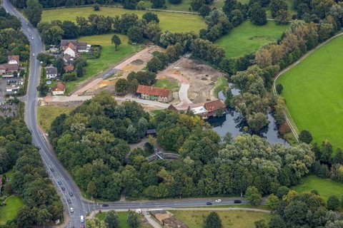 Aerial view, construction site and renovation of the Schlossmühle am Mühlengraben am Mühlenteich in