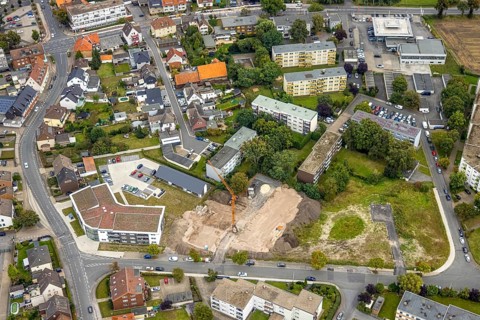 Aerial view, construction area and new construction flats in the urban renewal area on Waldenburger