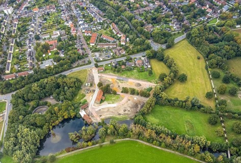 Aerial view, construction site and renovation of the Schlossmühle am Mühlengraben am Mühlenteich in