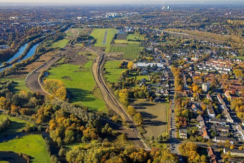 Aerial view, New course of the flood dyke between Münsterstraße and Fährstraße on the river Lippe