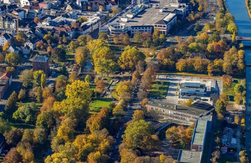Aerial view, connection between Nordpark and city centre to the water sports centre at the