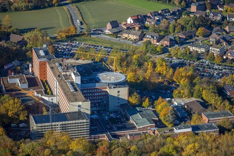 Aerial view, construction site with extension building at the St. Barbara-Klinik Hamm-Heessen in