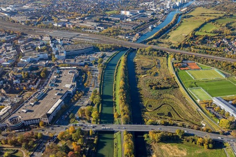 Aerial view, Allee-Center and Lippe floodplain at the Datteln-Hamm canal and river Lippe as well as