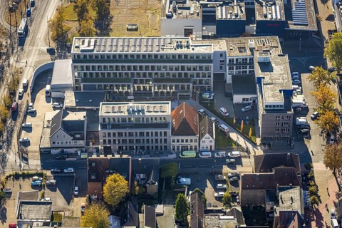 Aerial view, Westfälischer Anzeiger Pressehaus Gutenbergstraße in the Mitte district of Hamm, Ruhr