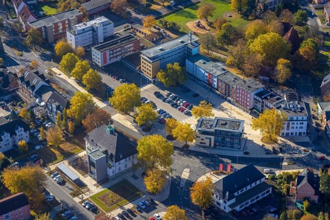 Aerial view, town hall of Heessen on Amtsstraße and redesign of Heessen market in the district of