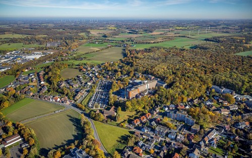 Aerial view, construction site with extension building at the St. Barbara-Klinik Hamm-Heessen in