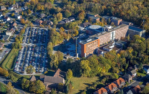 Aerial view, construction site with extension building at the St. Barbara-Klinik Hamm-Heessen in