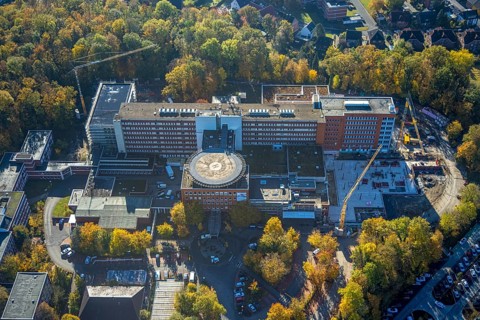 Aerial view, construction site with extension building at the St. Barbara-Klinik Hamm-Heessen in