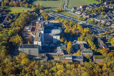 Aerial view, construction site with extension building at the St. Barbara-Klinik Hamm-Heessen in
