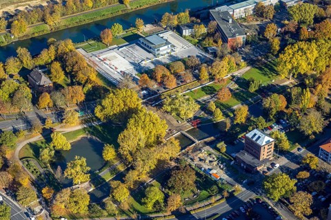 Aerial view, connection between Nordpark and city centre to the water sports centre at the