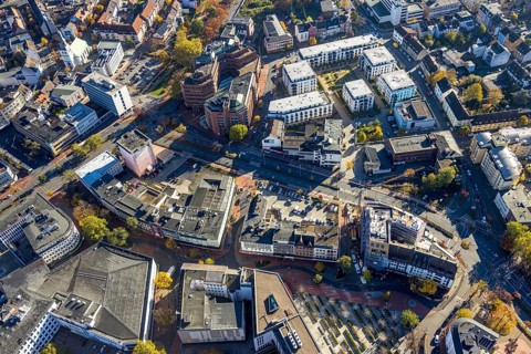 Aerial view, City Neue Bahnhofstraße and Westentorbunker, Mercure Hotel Hamm and condominiums as