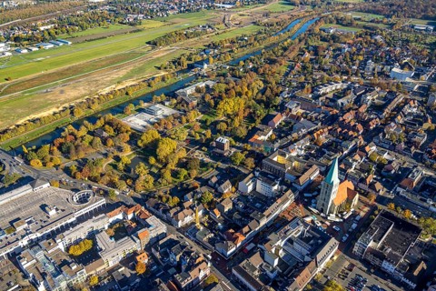 Aerial view, connection between Nordpark and city centre to the water sports centre at the