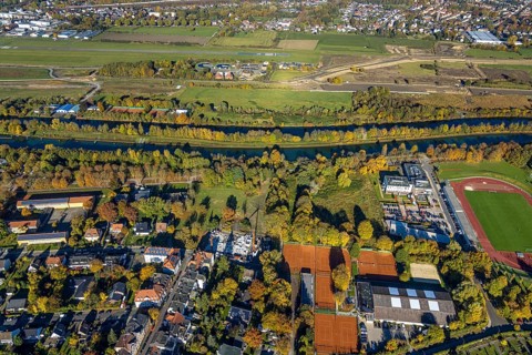 Aerial view, Ambulante Reha Bad Hamm at the Datteln-Hamm canal as well as Hamm airfield and