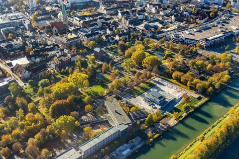 Aerial view, connection between Nordpark and city centre to the water sports centre at the