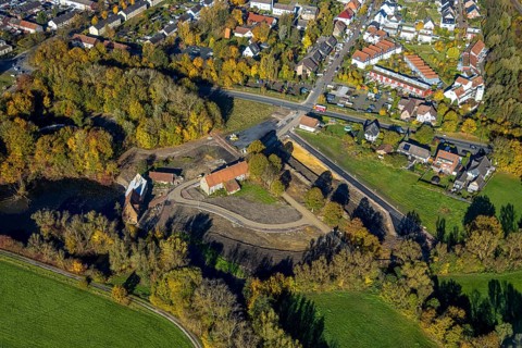 Aerial view, construction site and renovation of the Schlossmühle am Mühlengraben am Mühlenteich in