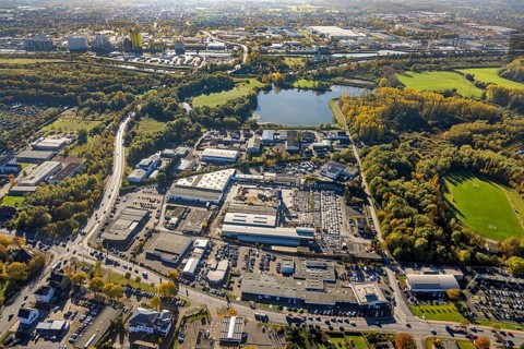 Aerial view, commercial area Hüserstraße at Radbodsee in the district Bockum-Hövel in Hamm, Ruhr