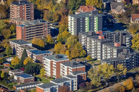 Aerial view, high-rise housing estate Tannhäuser Straße Berliner Straße in the district