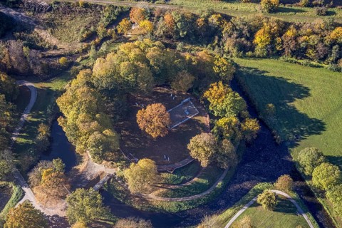 Aerial view, Burghügel Mark surrounded by moats in the district Uentrop in Hamm, Ruhr area, North