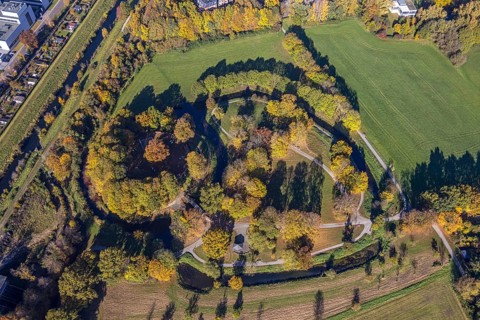 Aerial view, Burghügel Mark surrounded by moats in the district Uentrop in Hamm, Ruhr area, North