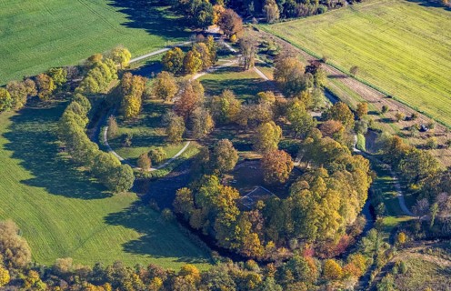 Aerial view, Burghügel Mark surrounded by moats in the district Uentrop in Hamm, Ruhr area, North