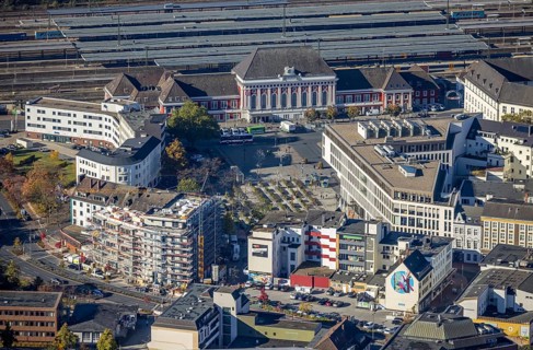 Aerial view, Hamm main station with city centre and construction site with new building at