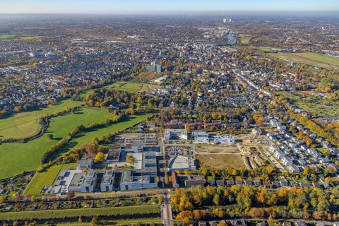 Aerial view, city view Hamm with Hamm-Lippstadt University of Applied Sciences and construction