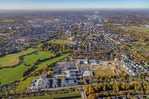 Aerial view, city view Hamm with Hamm-Lippstadt University of Applied Sciences and construction