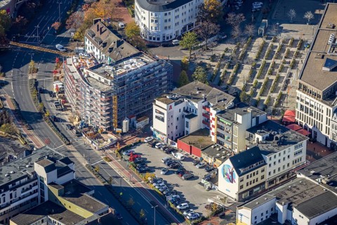 Aerial view, Hamm main station with city centre and construction site with new building at