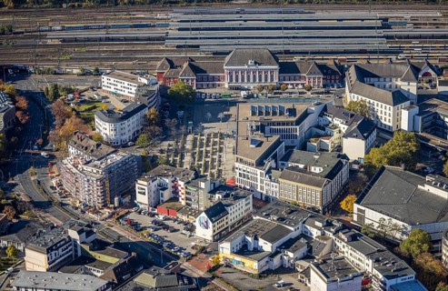 Aerial view, Hamm main station with city centre and construction site with new building at